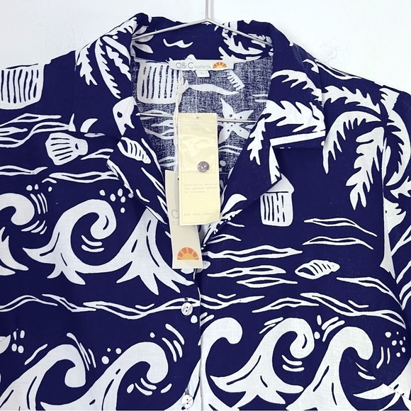 C&C California Hawaiian Novelty Beachy Print Linen Blend Button Down Shirt NEW - Picture 2 of 13